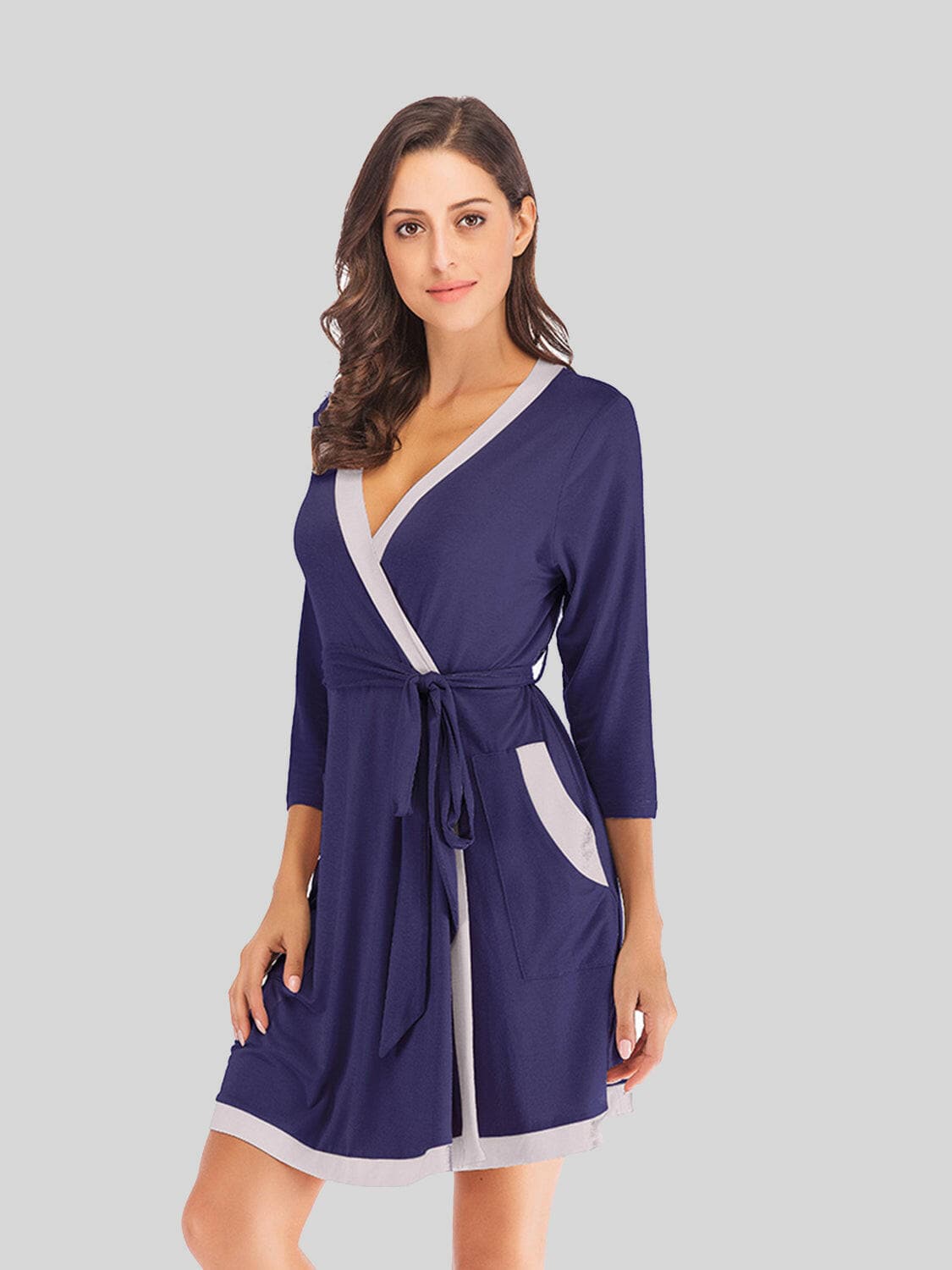 Tie Waist Surplice Neck Robe with Pockets.