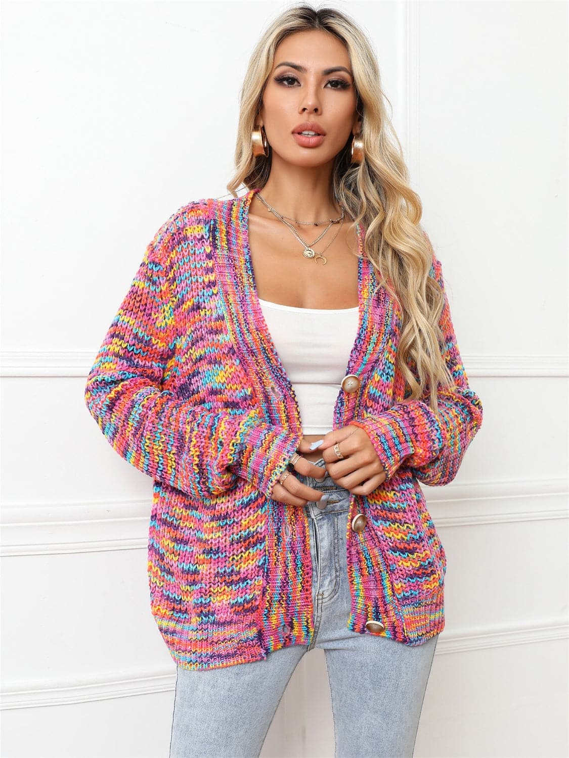 Button Up Dropped Shoulder Cardigan.