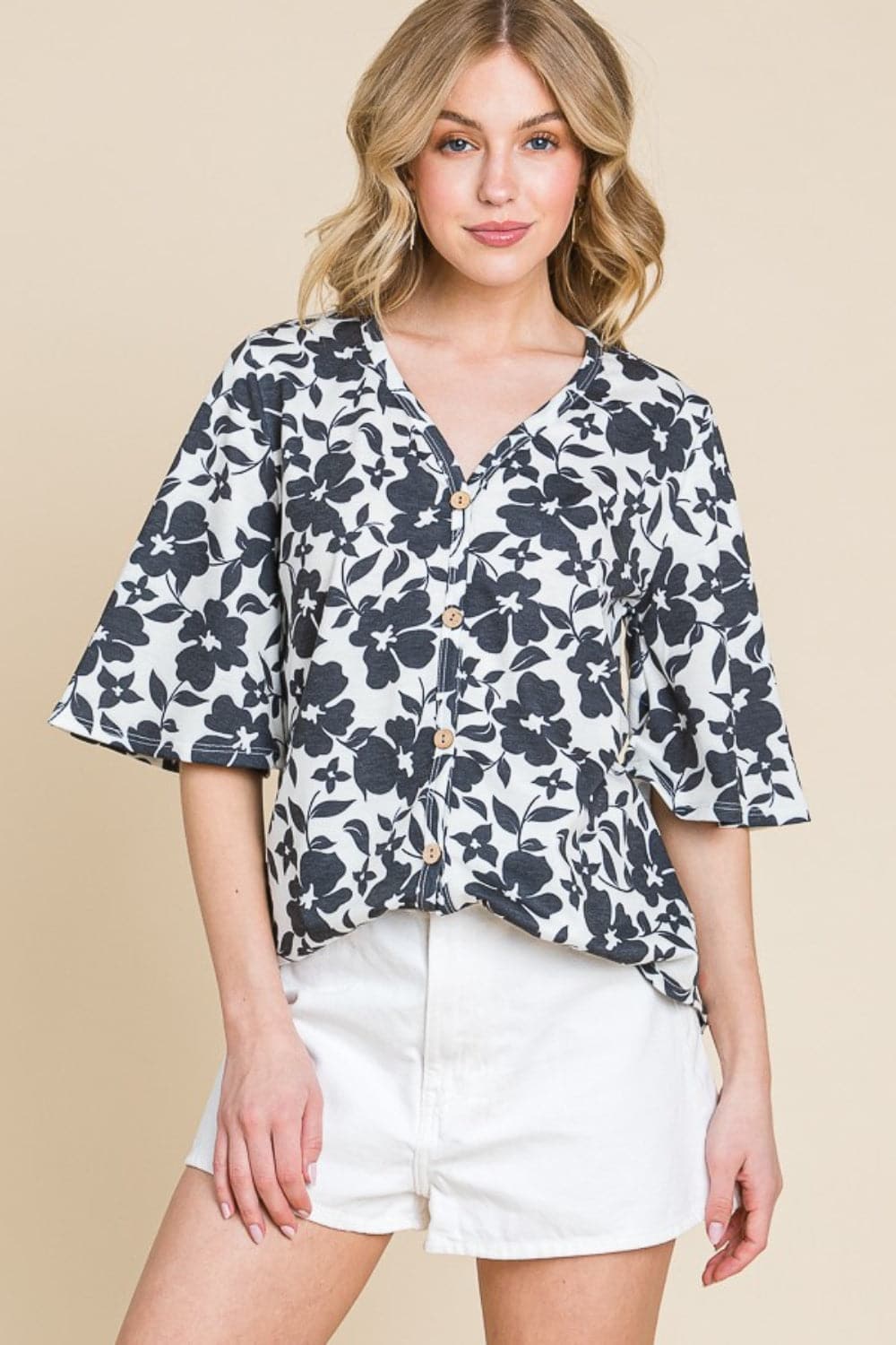 BOMBOM Floral Decorative Button V-Neck Top.