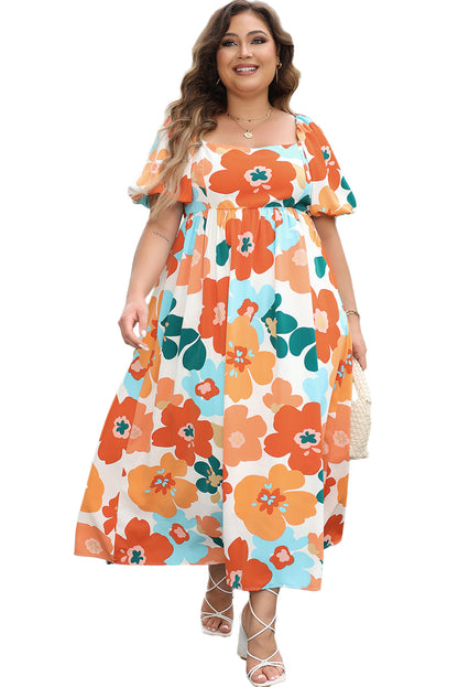 Charming orange floral print plus size maxi dress with shirred detailing