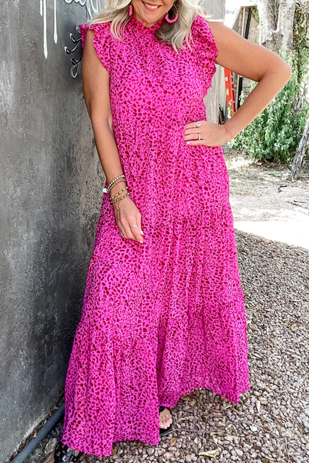 Fierce elegance: Rose red leopard print tiered maxi dress with ruffles