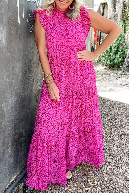 Rose red leopard print dress with ruffled trim and tiered design, casual maxi style.