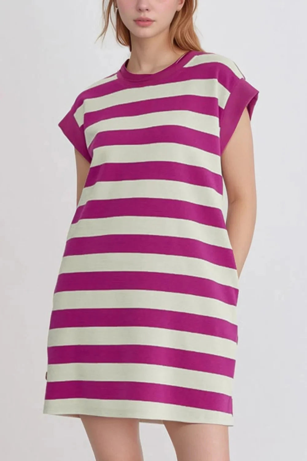 Stripe Cap Sleeve Pocketed Shift Tee Dress Simply Love