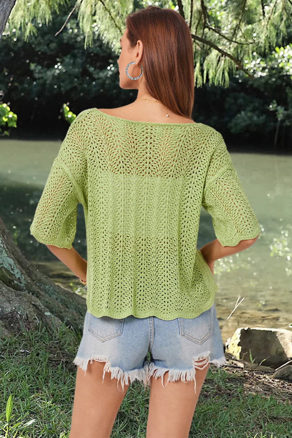 Openwork Round Neck Half Sleeve Knit Top.