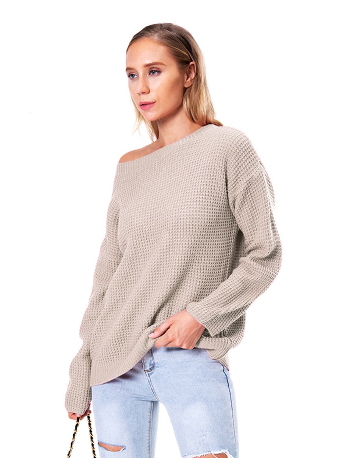 Boat Neck Drop Shoulder Long Sleeve Sweater.