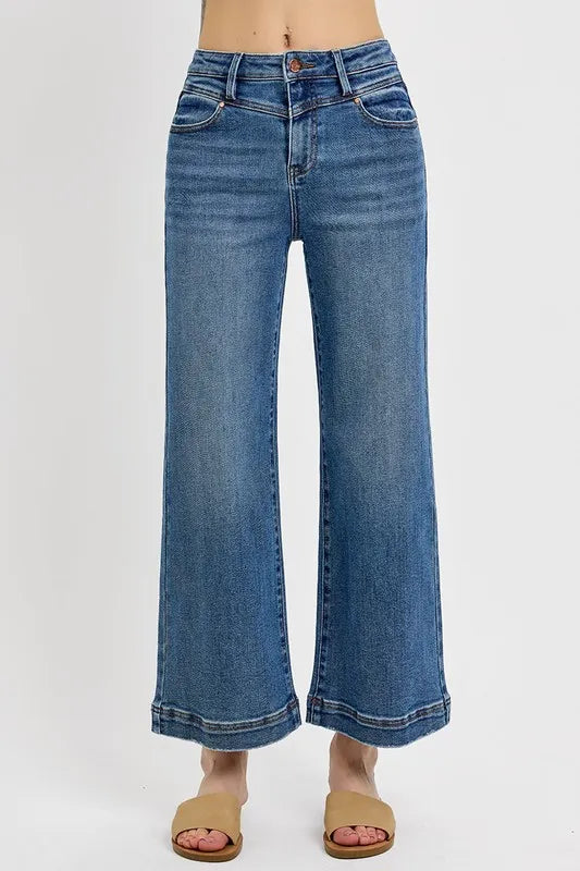 Risen Full Size High Rise Crop Wide Leg Front Yoke Detail Jeans Plus Size - Love Salve 