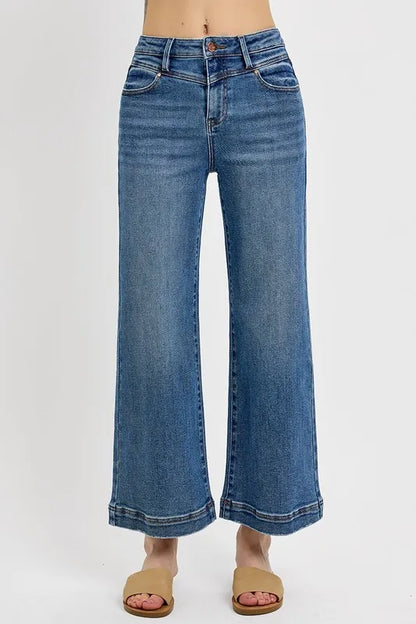 Risen Full Size High Rise Crop Wide Leg Front Yoke Detail Jeans Plus Size - Love Salve 