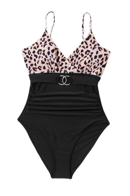 Chic black leopard print belted one-piece swimsuit with ruched detailing