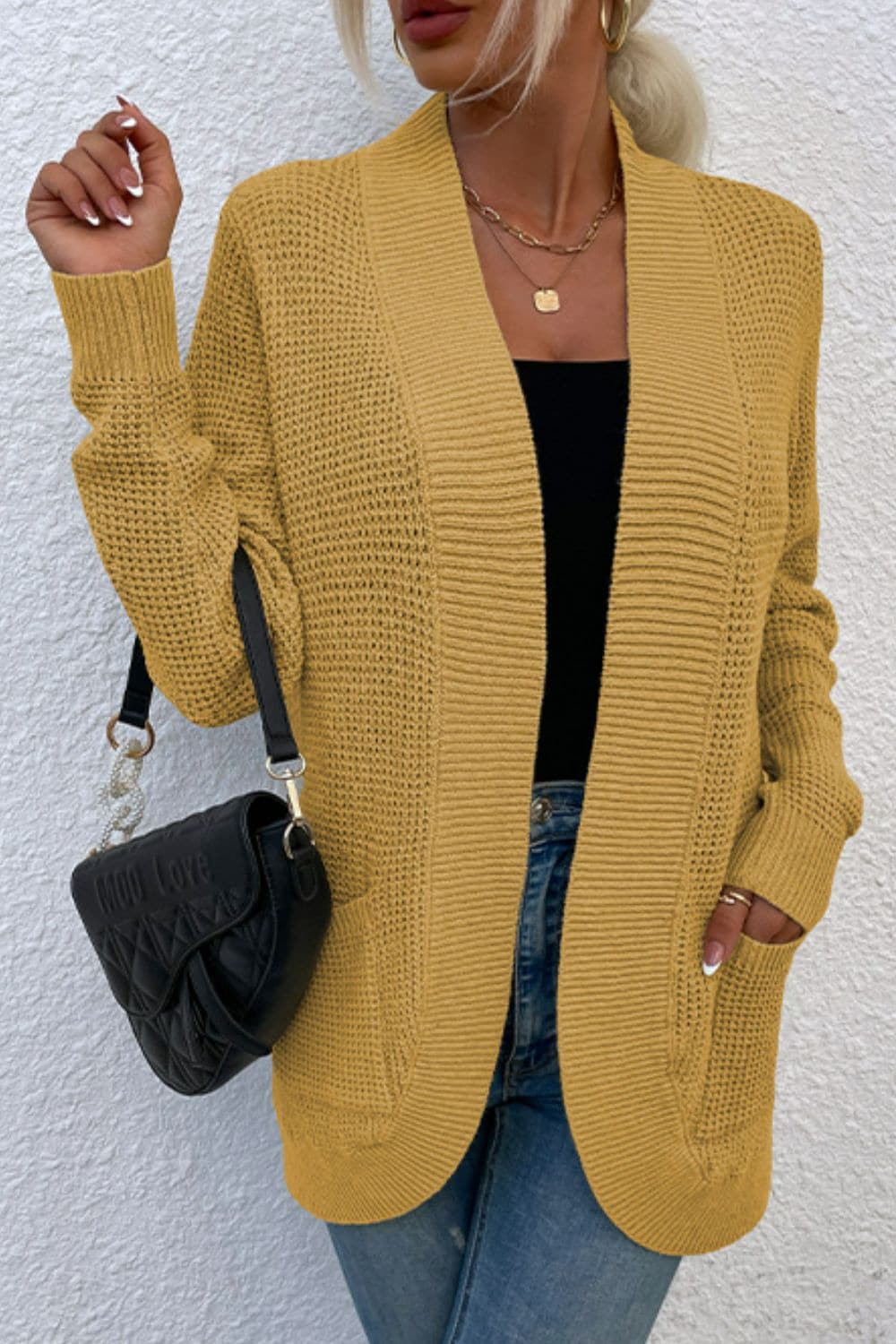 Open Front Rib-Knit Cardigan with Pockets.