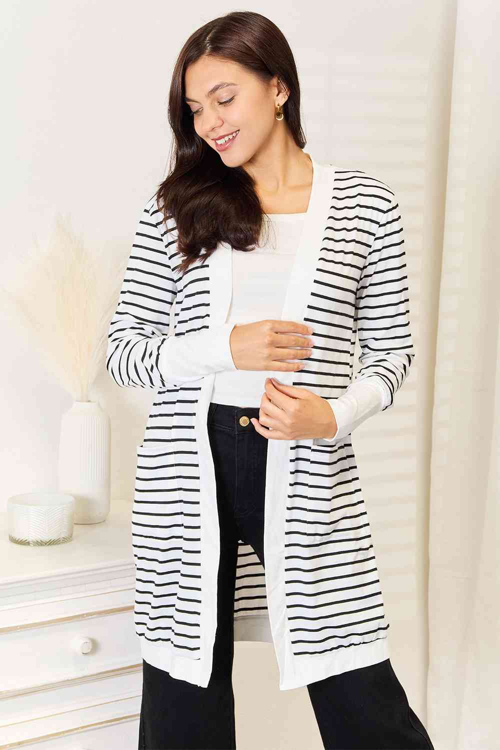 Double Take Striped Open Front Longline Cardigan - Love Salve