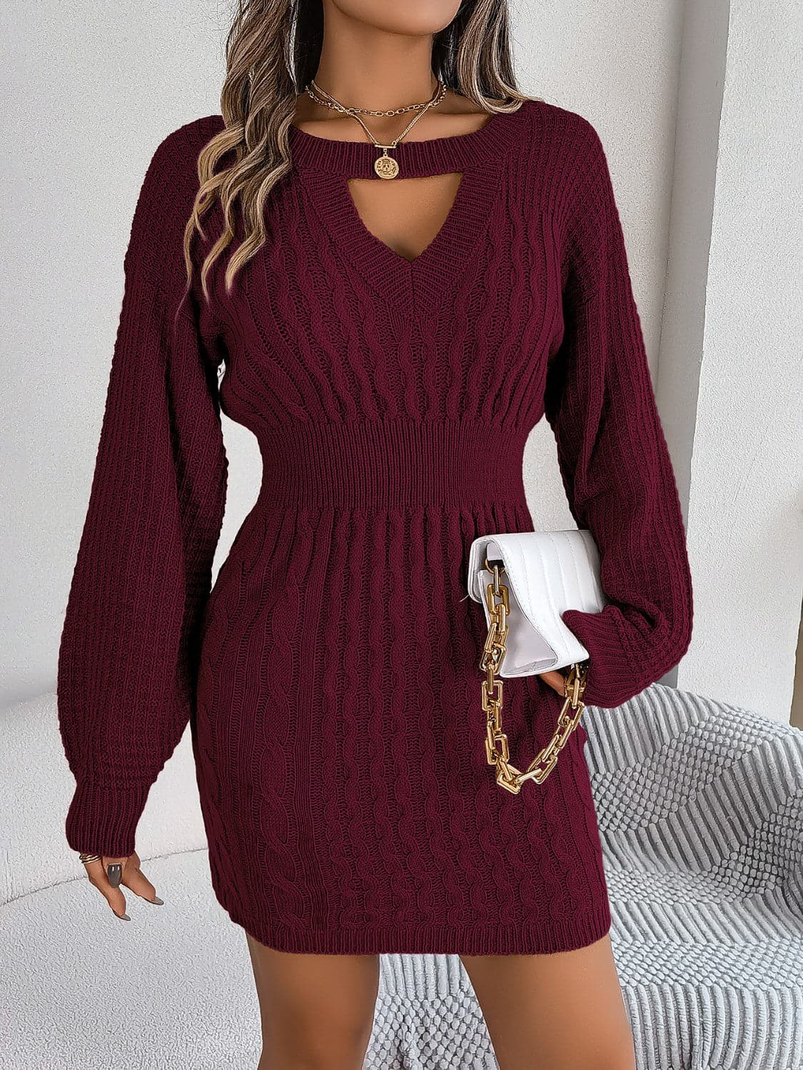 Cable-Knit Cutout Round Neck Slit Sweater Dress.