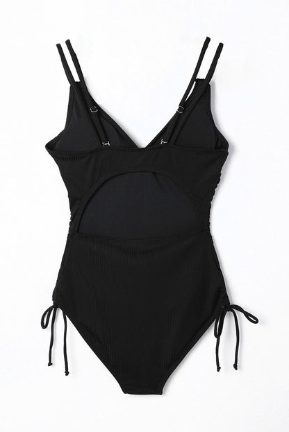 Chic black ribbed knit one-piece swimsuit with adjustable straps