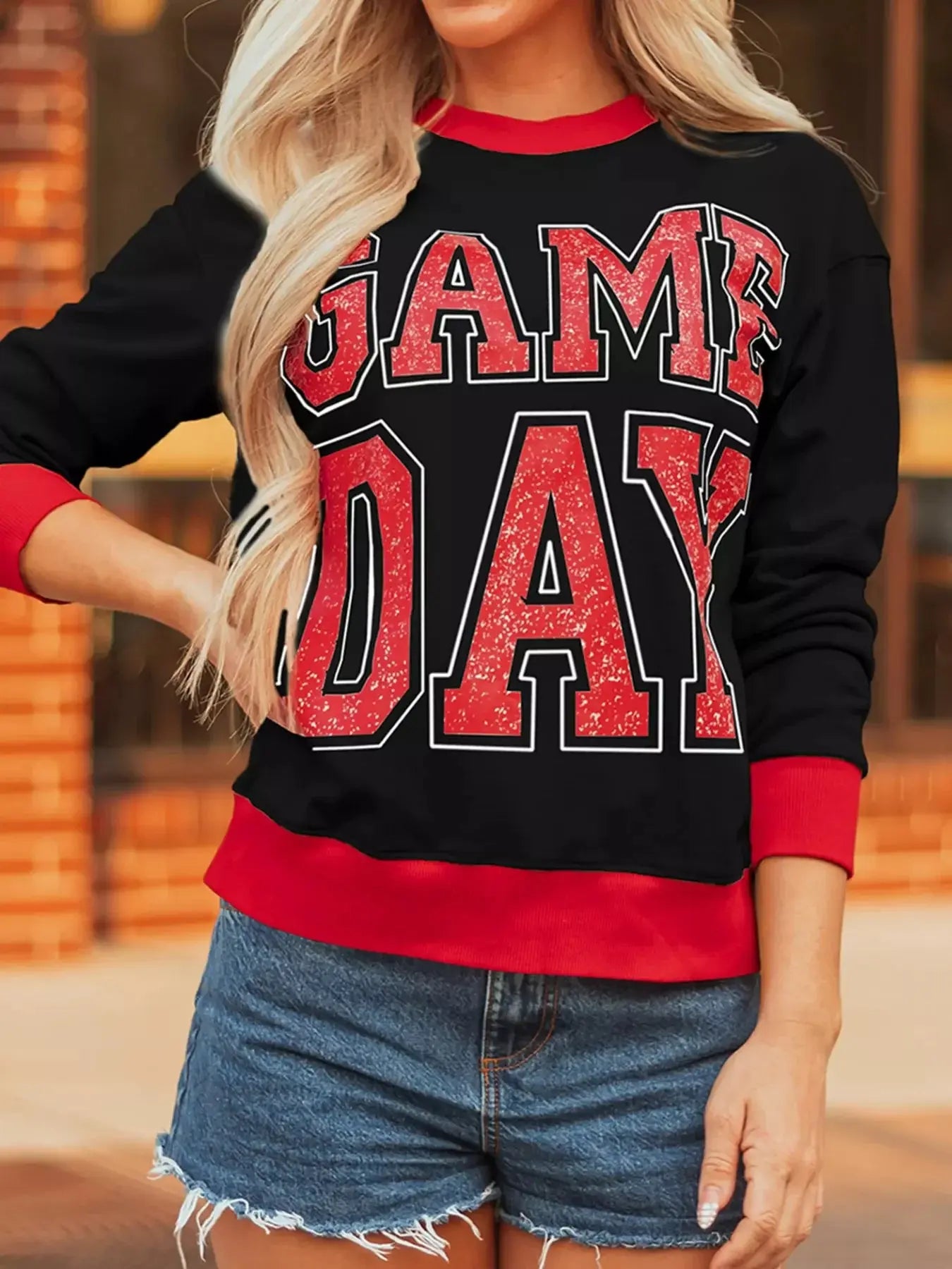 Game Day Graphic Varsity Baggy Long Sleeve Sweatshirt With Red Trim Simply Love