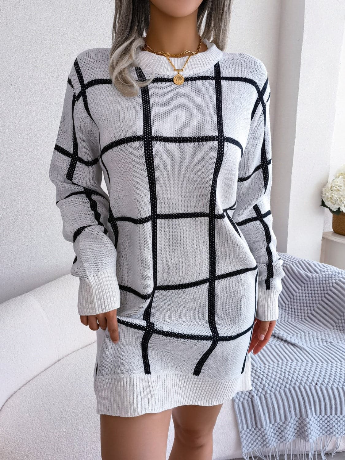 Plaid Round Neck Dropped Shoulder Sweater Dress.