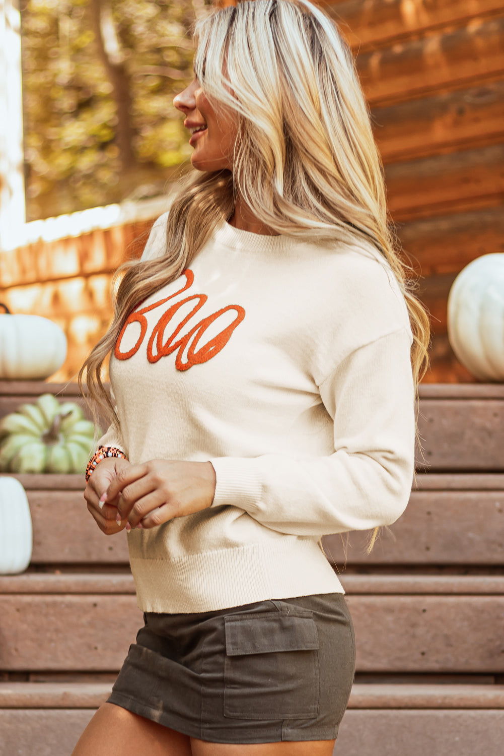 Cozy apricot "Boo" ribbed edge drop shoulder sweater