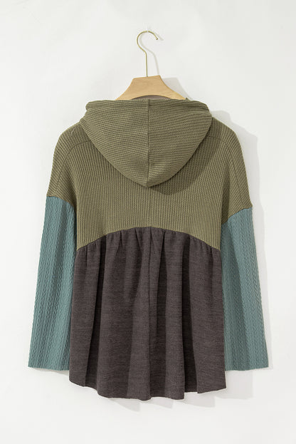 Laurel green colorblock patchwork hooded top with frayed high-low hem