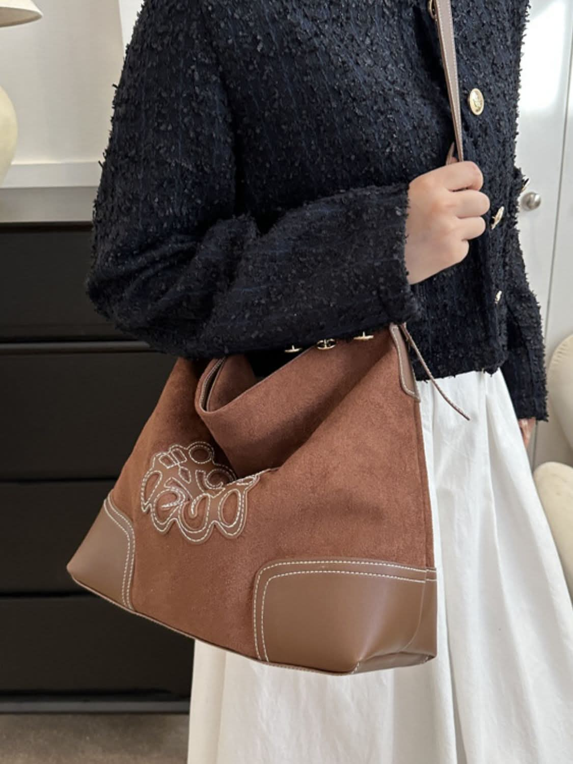 Chic suede patch tote with adjustable straps