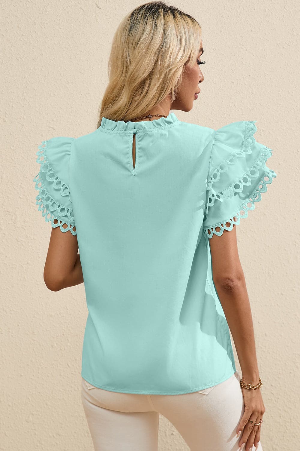 Ruffled Eyelet Round Neck Cap Sleeve Blouse.