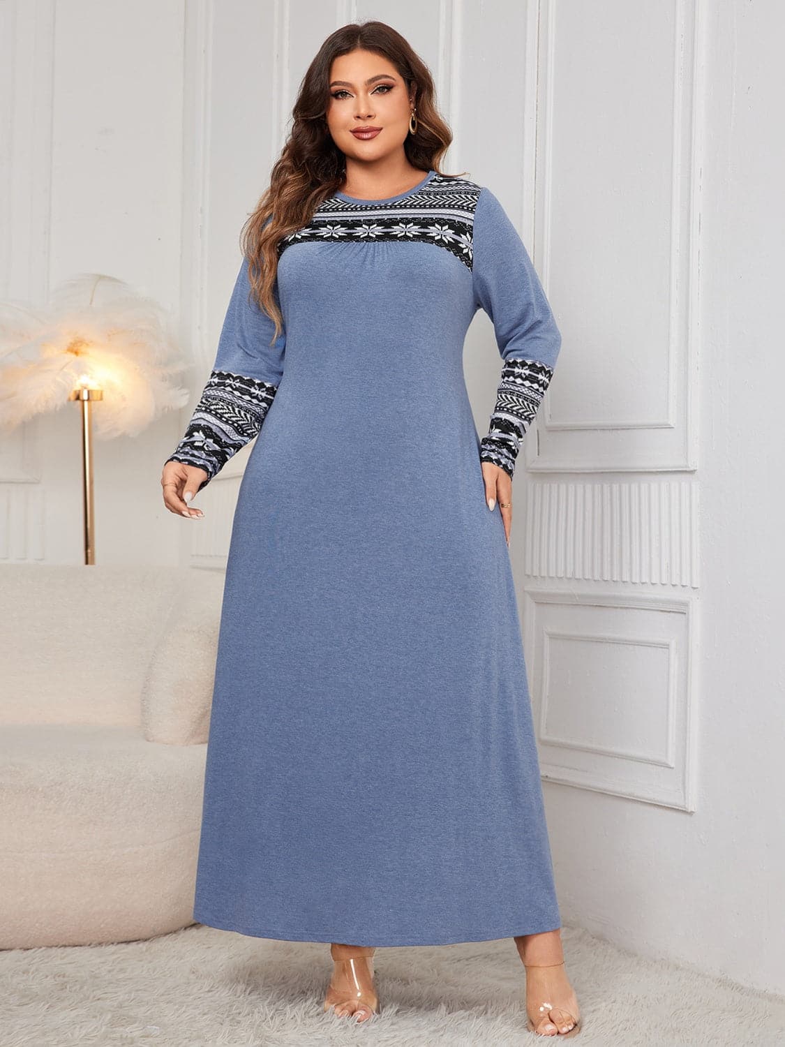 Plus Size Printed Round Neck Long Sleeve Dress.