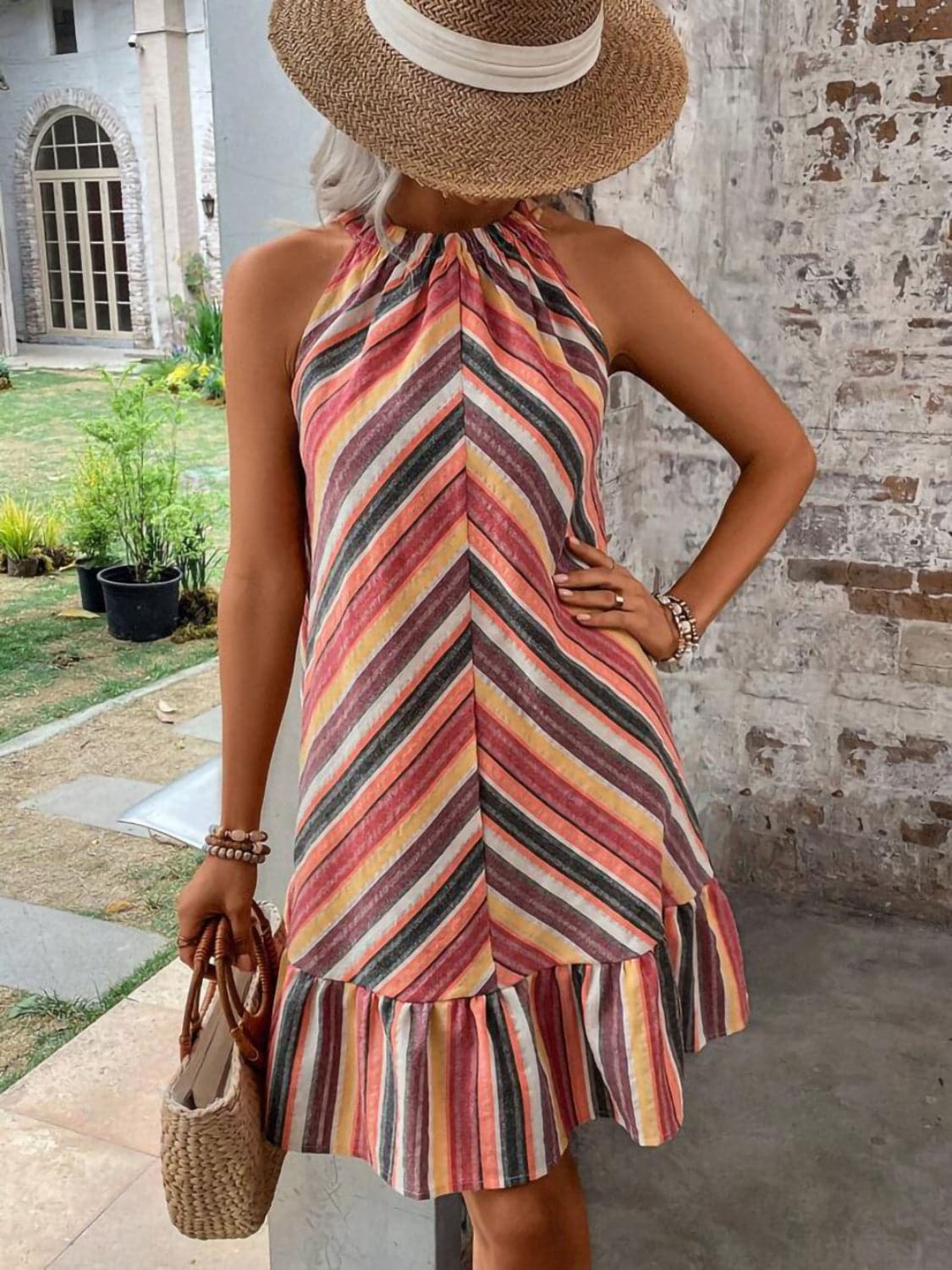 Striped Grecian Neck Dress.