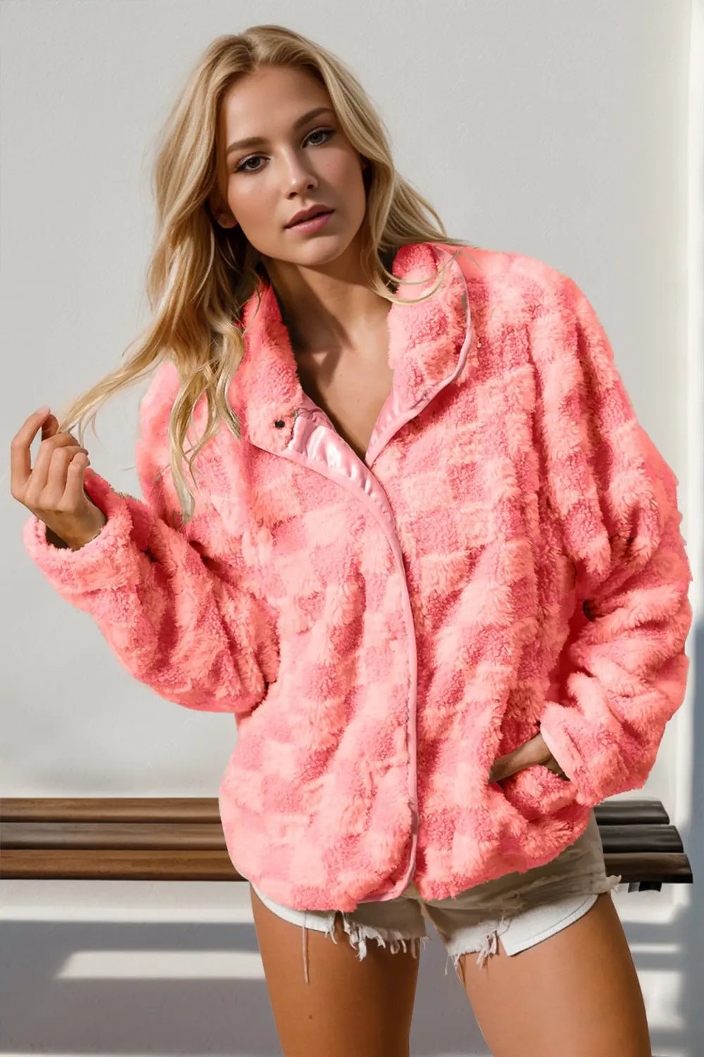 Double Take Checkered Long Sleeve Fuzzy Jacket - Love Salve
