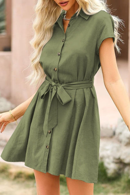 Tied Button Up Short Sleeve Dress.