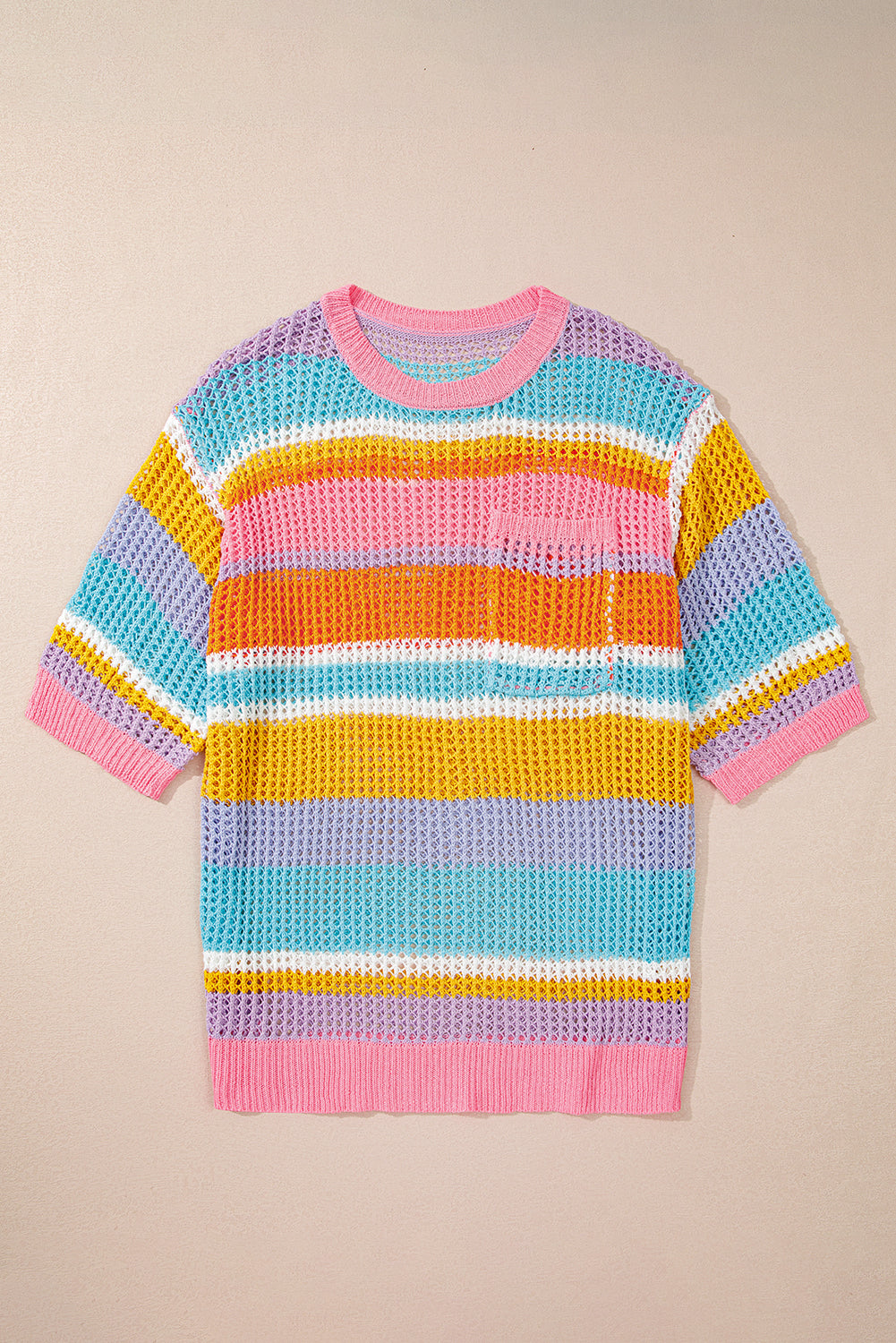 Plus Size Pink Stripe Open Knit Patch Pocket Sweater Dear-Lover Dropshipping