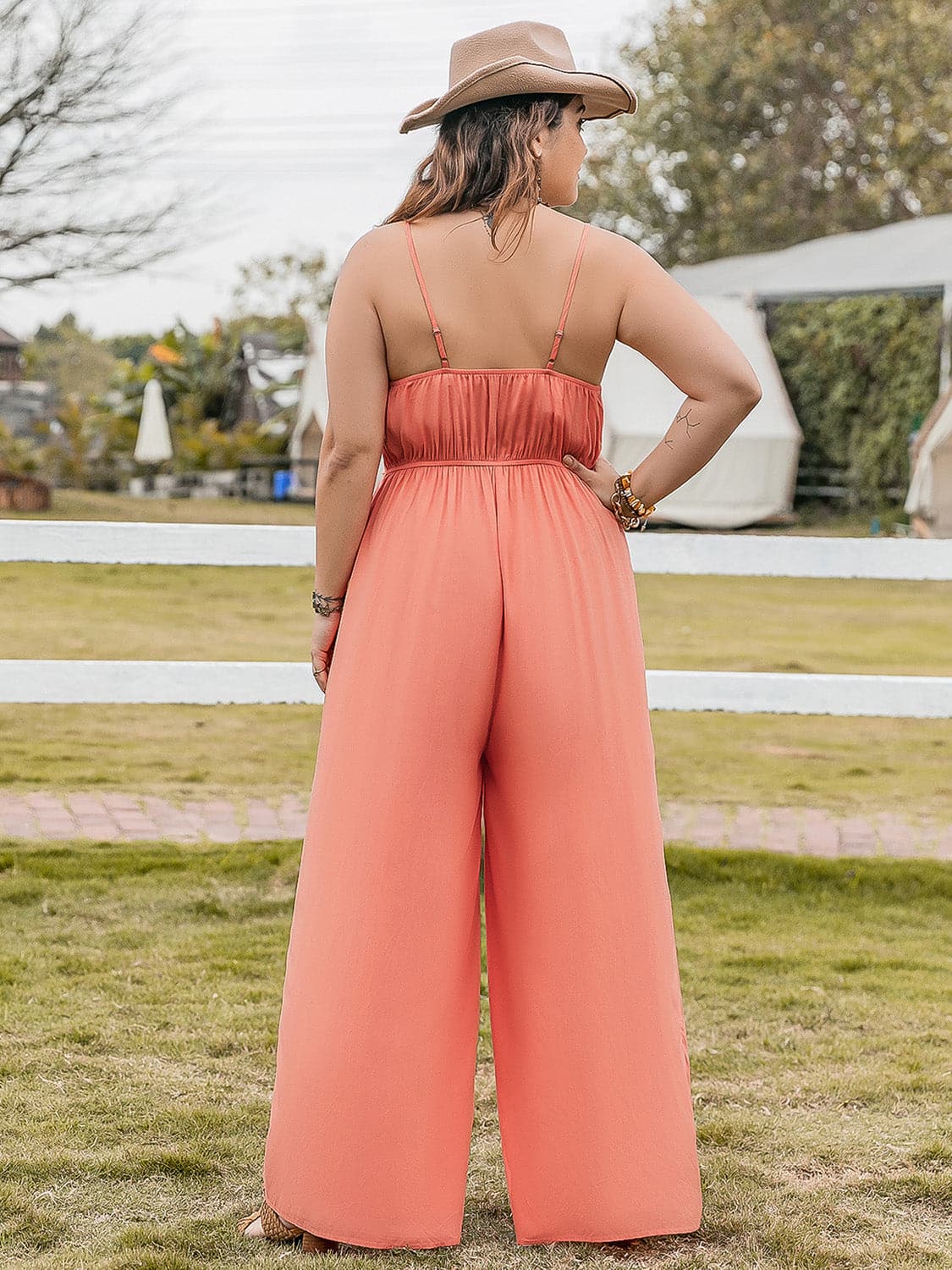 Plus Size Lace Detail Spaghetti Strap Wide Leg Jumpsuit.