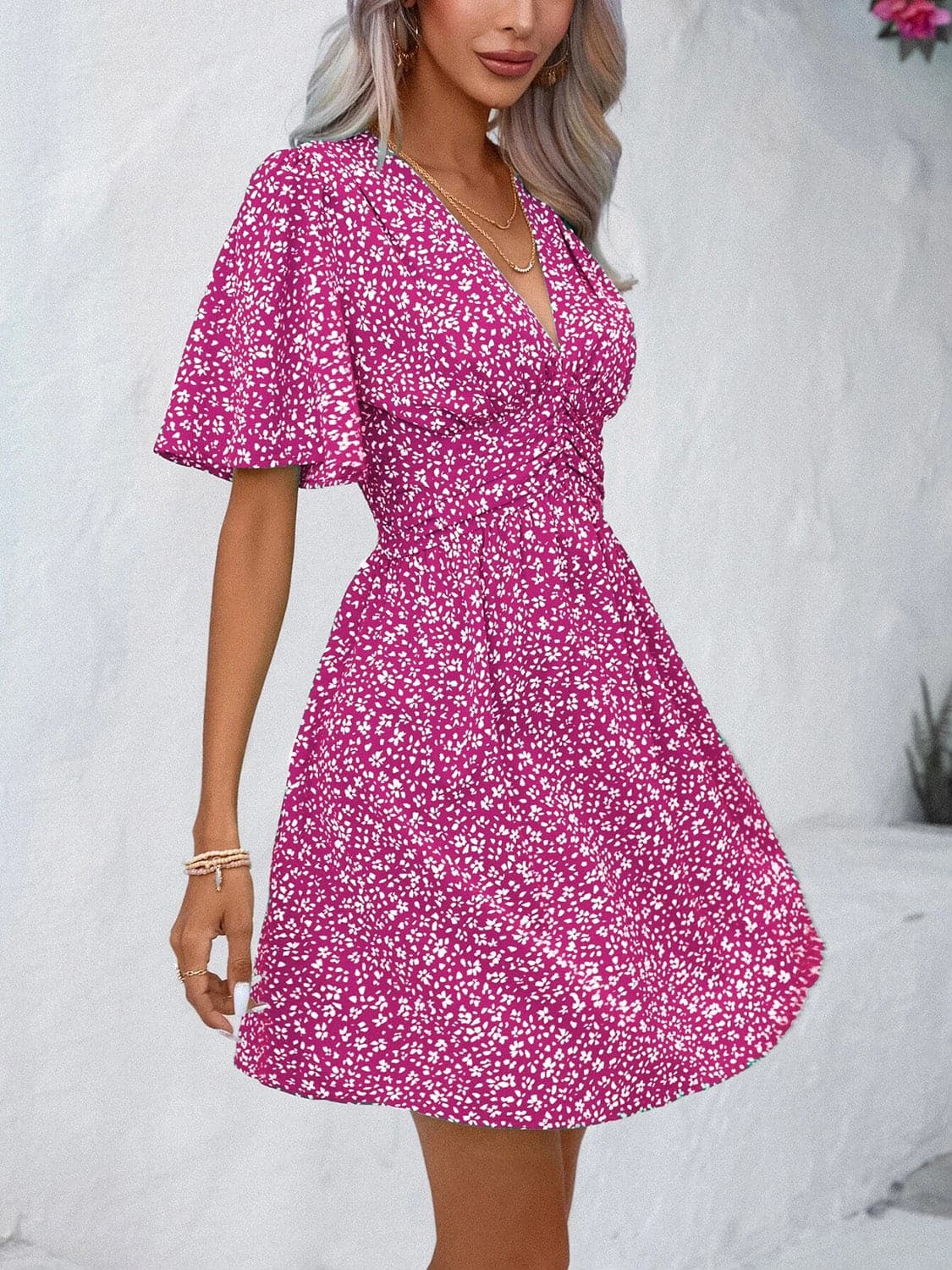 Printed V-Neck Half Sleeve Mini Dress.