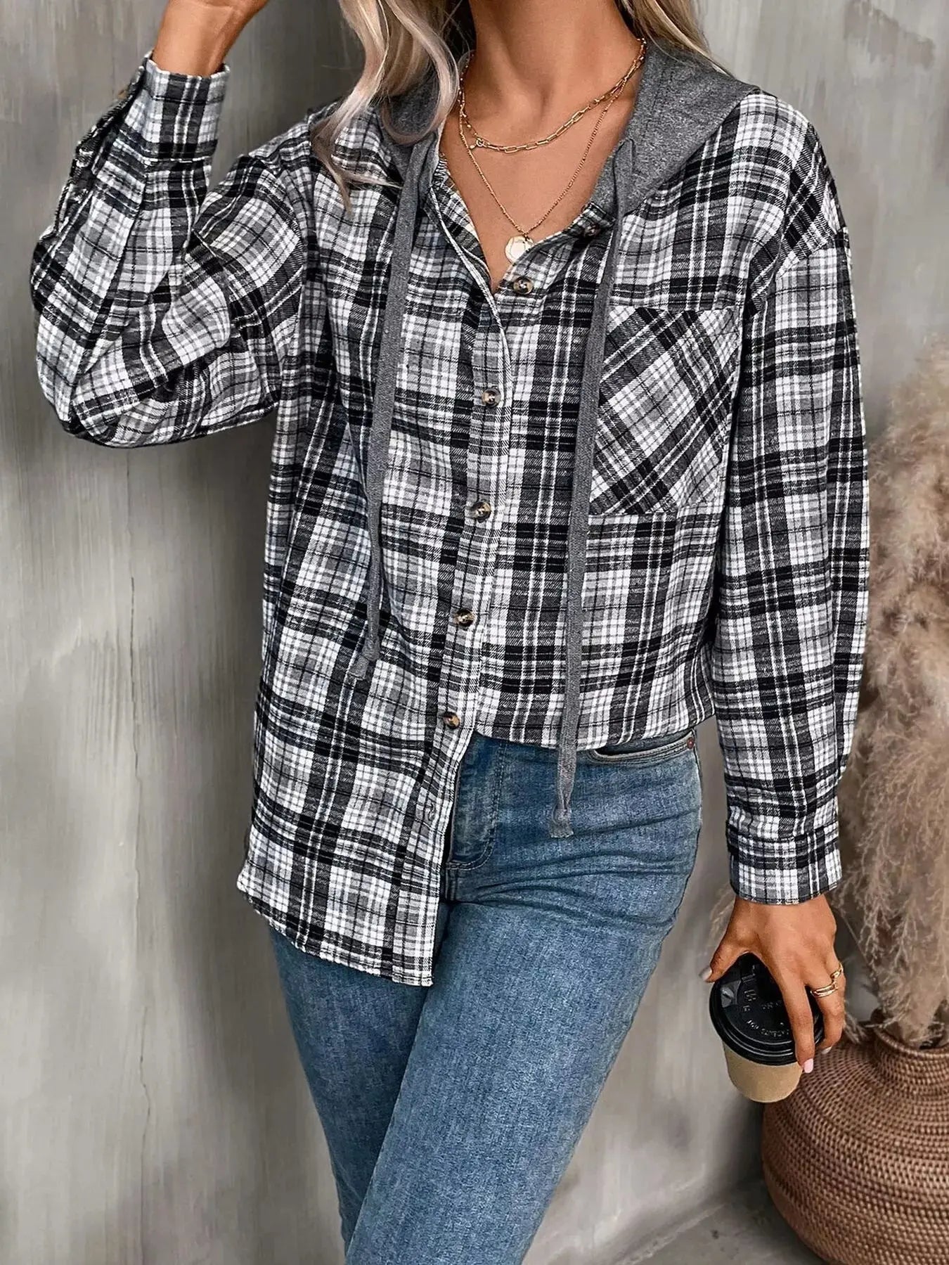 Hooded Plaid Button-Up Shirt Simply Love