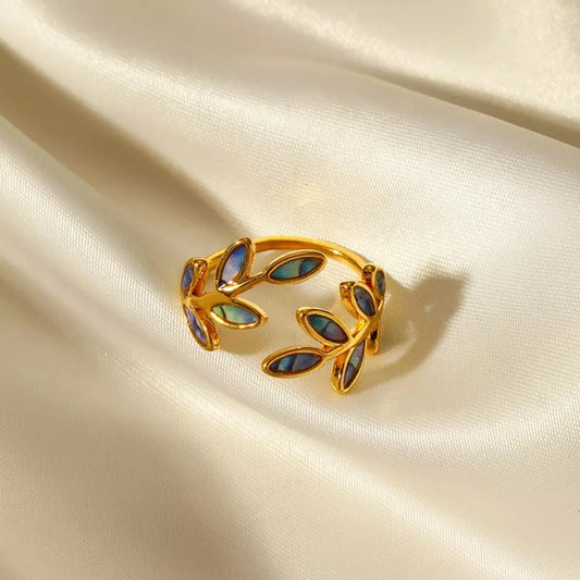 18K Gold Plated Resin Leaf Bypass Ring With Blue Green Inlays Simply Love