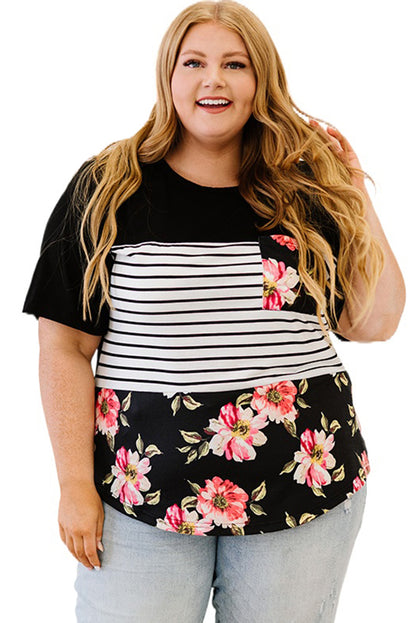 Chic black plus size floral and stripe short sleeve top