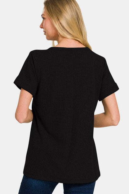 Zenana Notched Short Sleeve Waffle T-Shirt.