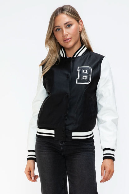 PU leather contrast snap-down bomber jacket with black and white design.