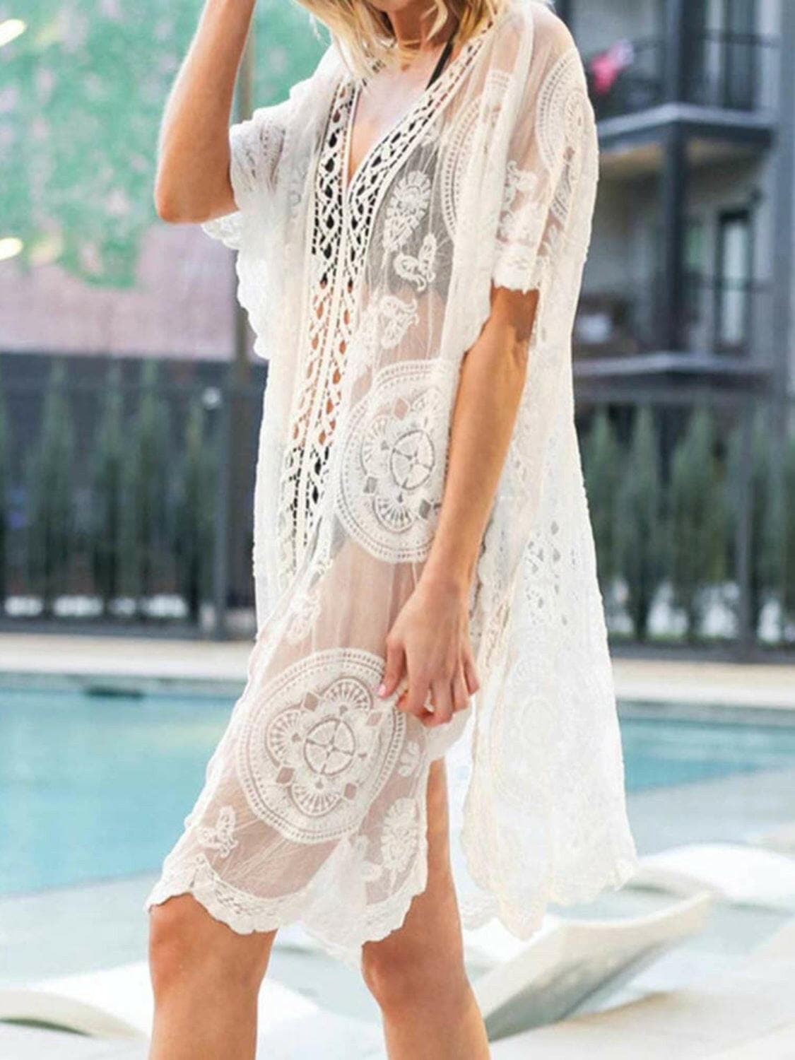 Lace V-Neck Half Sleeve Cover-UpEnhance Your Beach Look with Our Lace V-Neck Cover-Up
 Get ready to turn heads at the beach or by the pool with our Lace V-Neck Half Sleeve Cover-Up. This elegant coLove Salve -Neck Half Sleeve Cover-swimwear