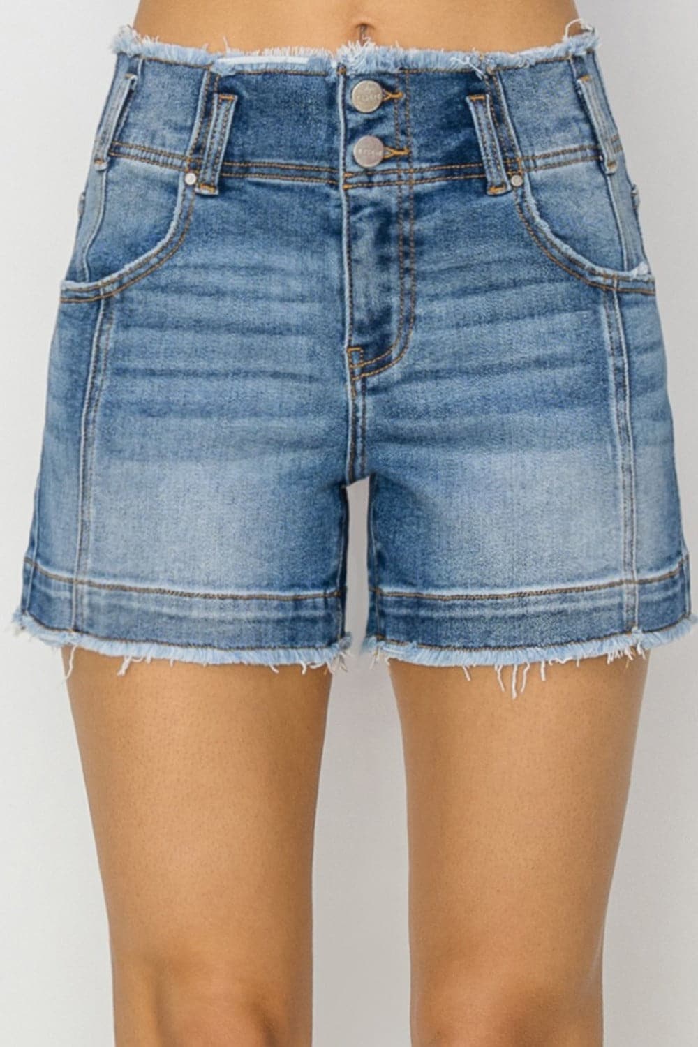 RISEN High Rise Seam Detailed Raw Edge Denim Shorts.