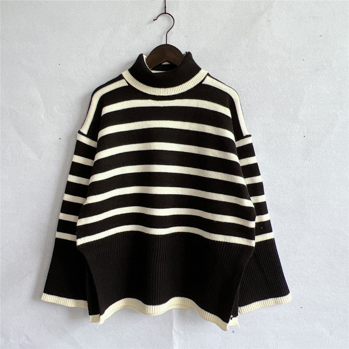 Striped Turtleneck Flare Sleeve Sweater.