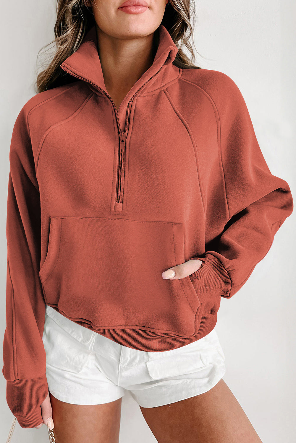 Cozy flamingo fleece zip sweatshirt with thumbhole sleeves