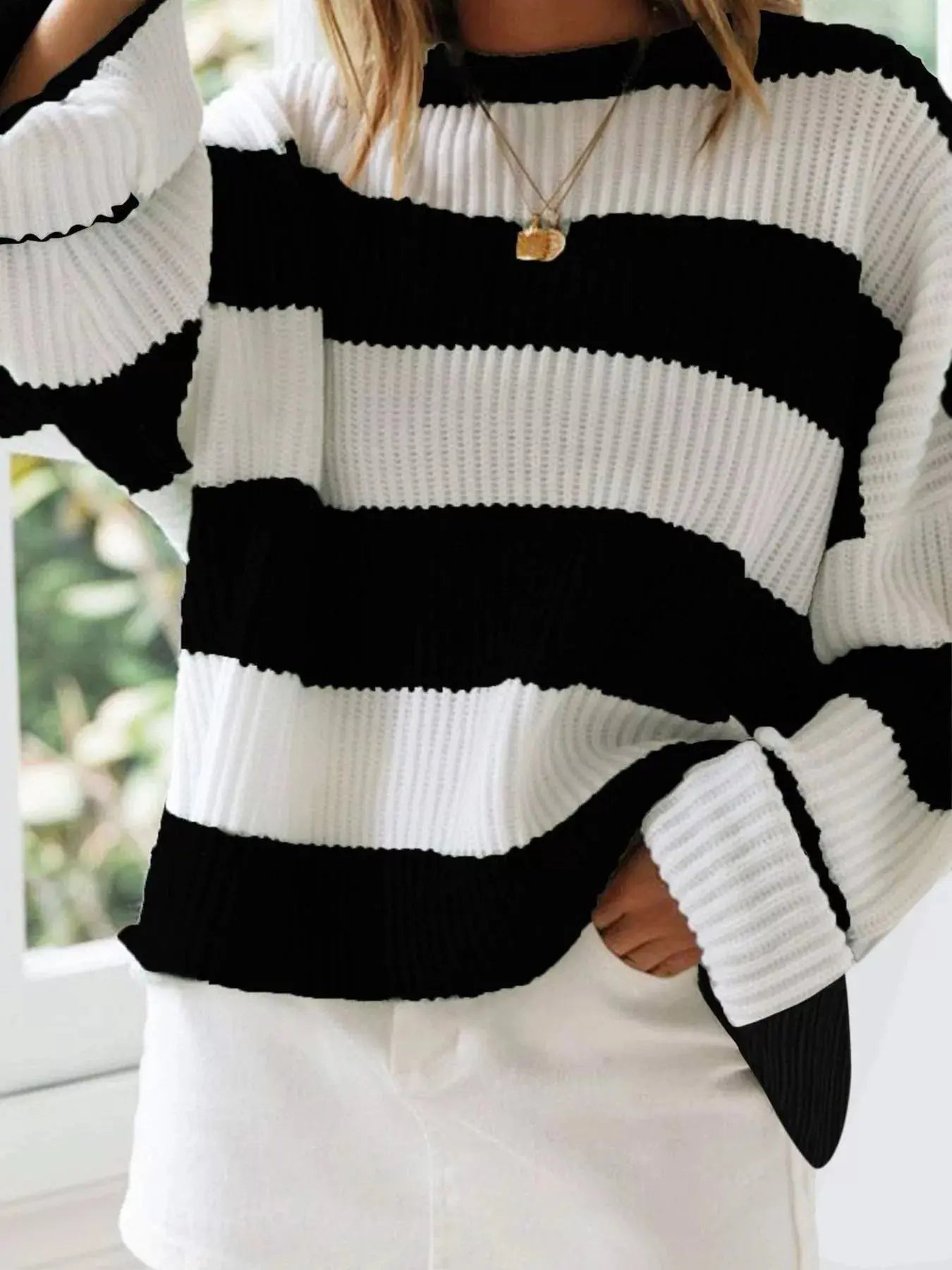 Full Size Contrast Striped Round Neck Sweater Plus Size Simply Love