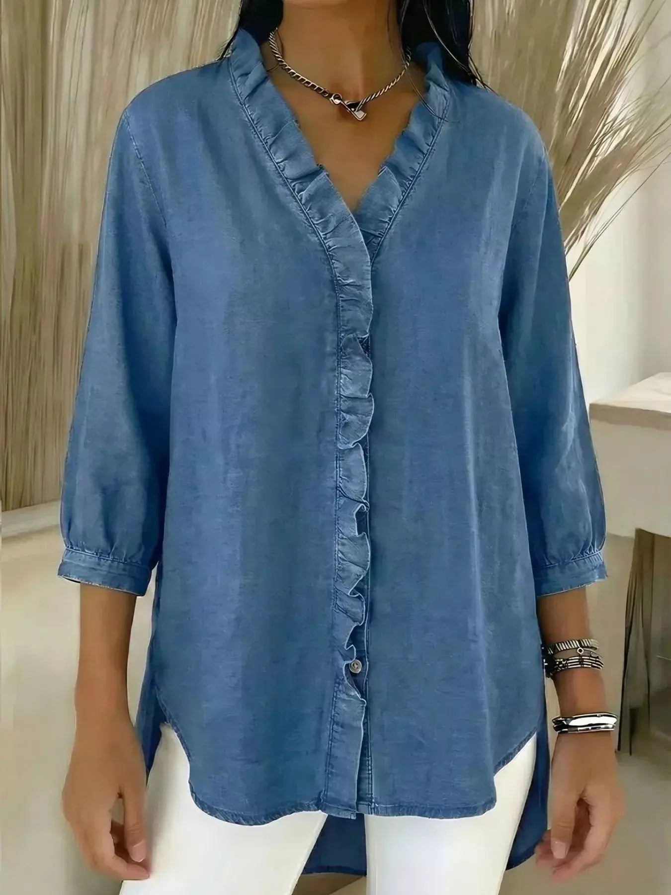 Full Size V-Neck Ruffled Button Down Shirt Plus Size Simply Love