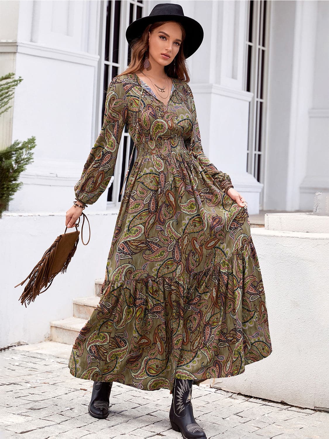 Printed Tie Neck Ruffle Hem Long Sleeve Dress.