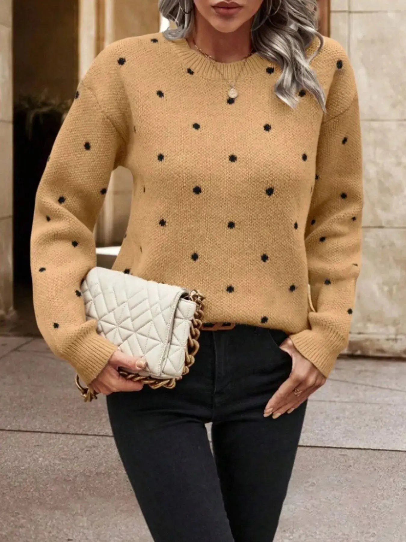 Polka Dot Round Neck Sweater Simply Love