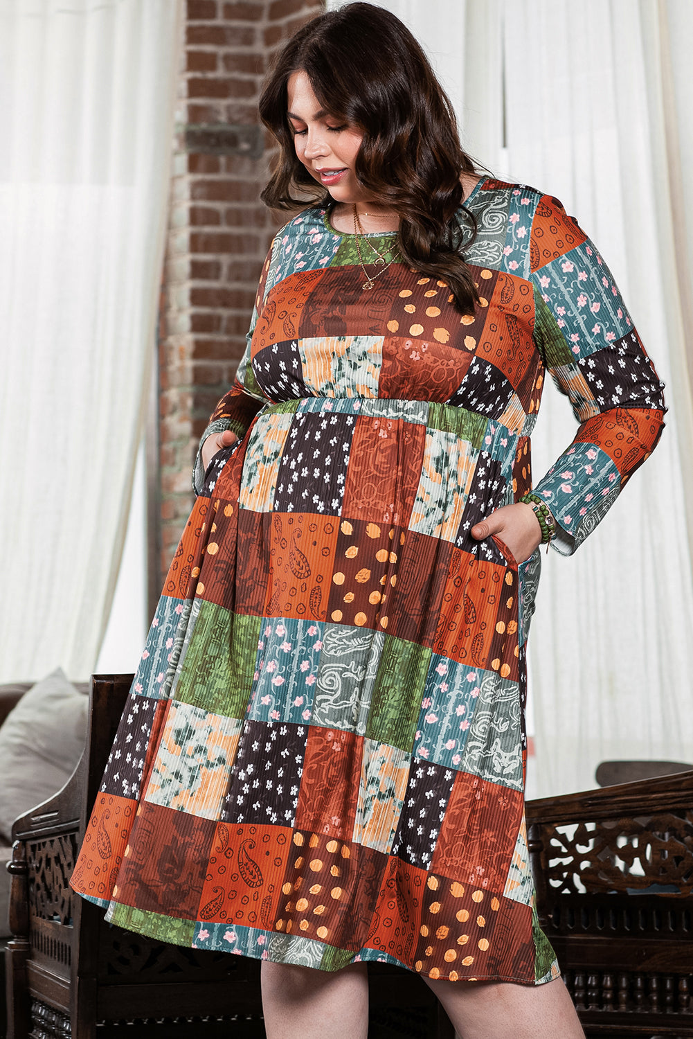 Chic multicolor checkered plus size swing dress in green