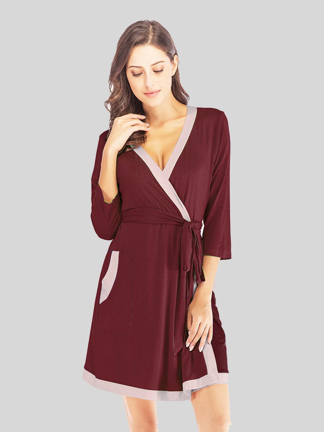 Tie Waist Surplice Neck Robe with Pockets.