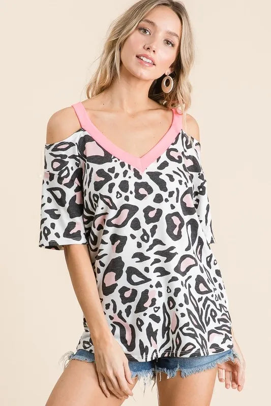BiBi Leopard Print Top with Shoulder Cut Out - Love Salve 