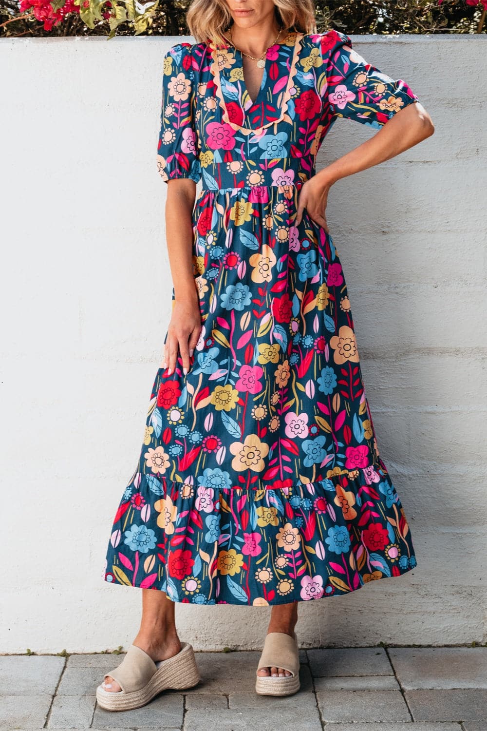 Printed Notched Puff Sleeve Midi Dress.