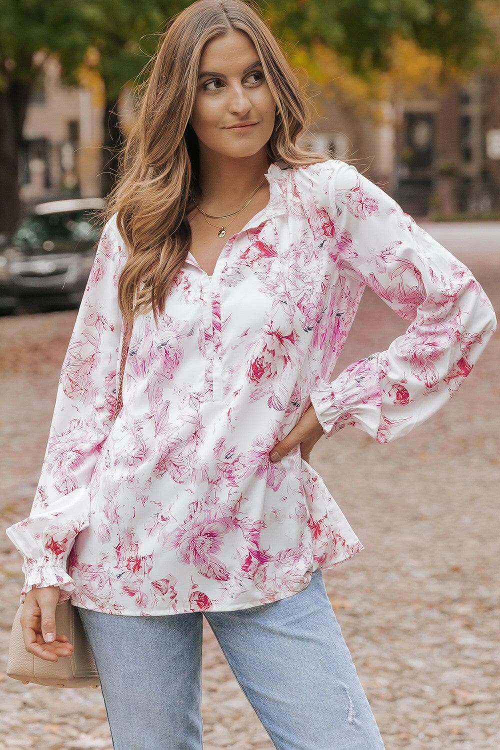 Floral Tie Neck Flounce Sleeve Blouse.