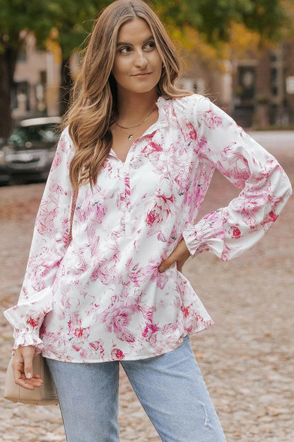 Floral Tie Neck Flounce Sleeve Blouse.