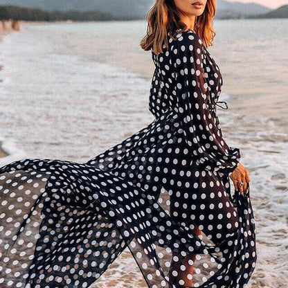 Loose chiffon polka dot cardigan beach cover-up holiday bikini top sun protection top for women.