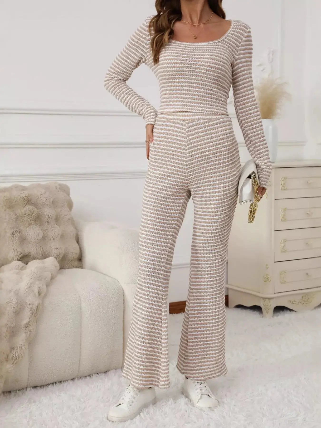 Striped Knit Long Sleeve Top & Flare Leg Pants Set Simply Love